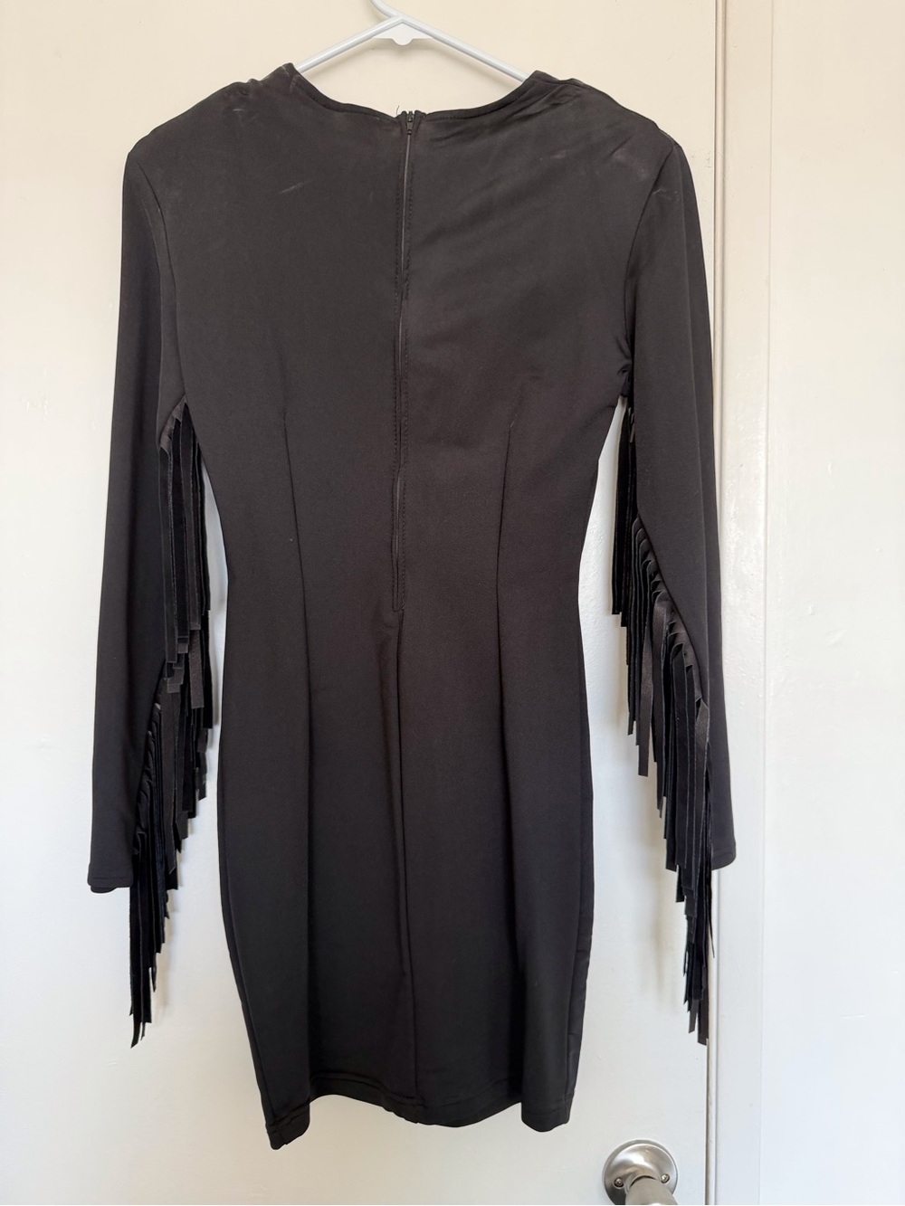 Long-Sleeve Black Fringe Mini Dress